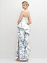 Rear View Thumbnail - Cottage Rose Larkspur Floral Strapless Satin Maxi Dress with Cascade Ruffle Peplum Detail