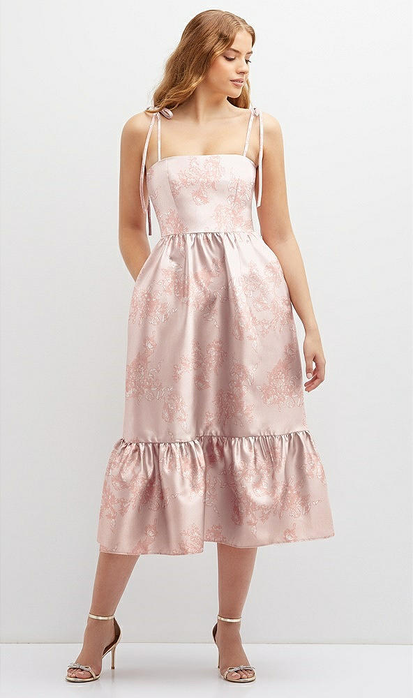 Front View - Bow And Blossom Print Floral Shirred Ruffle Hem Midi Dress with Self-Tie Spaghetti Straps and Pockets