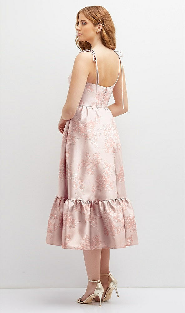 Back View - Bow And Blossom Print Floral Shirred Ruffle Hem Midi Dress with Self-Tie Spaghetti Straps and Pockets