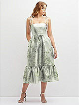 Front View Thumbnail - Cottage Rose Sage Floral Shirred Ruffle Hem Midi Dress with Self-Tie Spaghetti Straps and Pockets