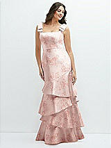Front View Thumbnail - Bow And Blossom Print Floral Bow-Shoulder Satin Maxi Dress with Asymmetrical Tiered Skirt