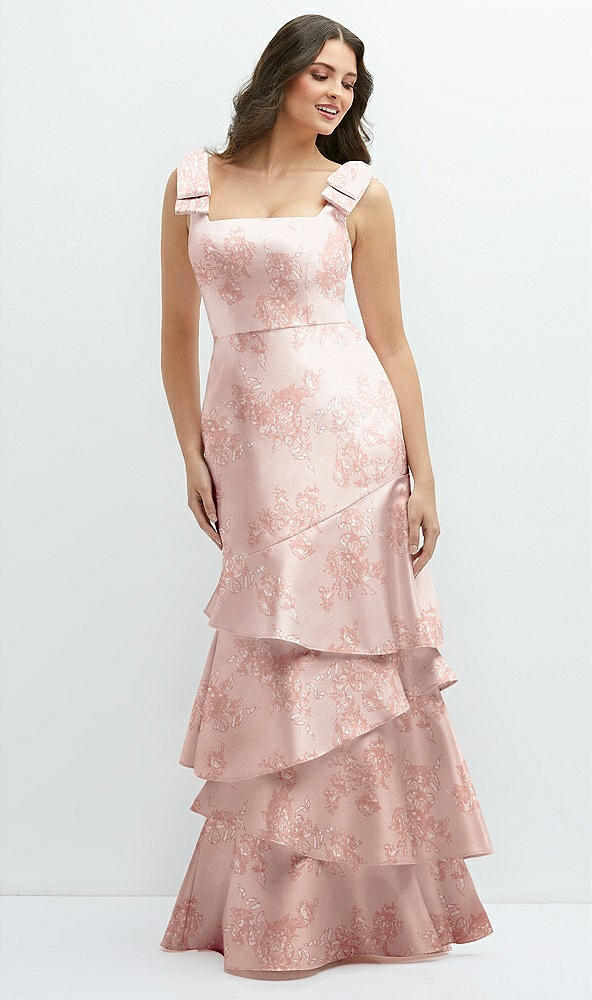 Front View - Bow And Blossom Print Floral Bow-Shoulder Satin Maxi Dress with Asymmetrical Tiered Skirt
