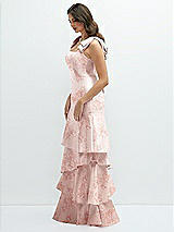 Side View Thumbnail - Bow And Blossom Print Floral Bow-Shoulder Satin Maxi Dress with Asymmetrical Tiered Skirt