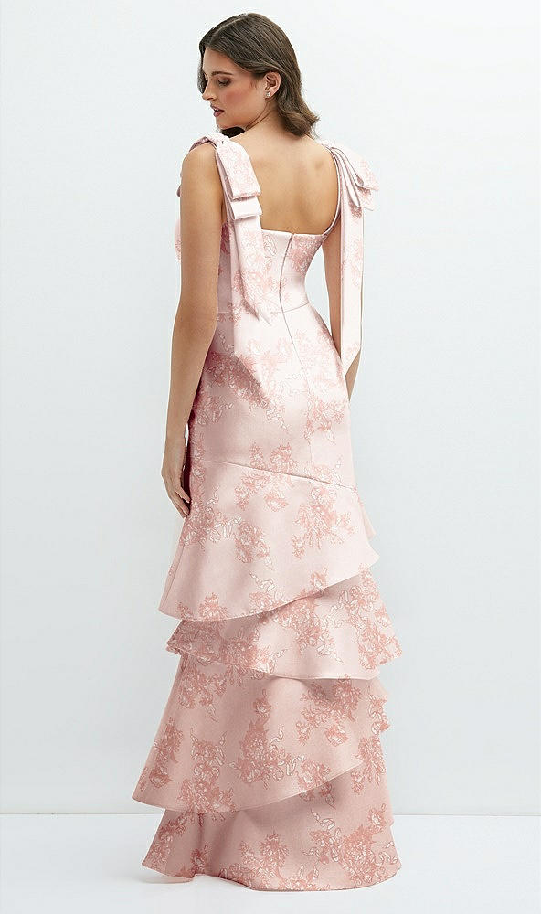 Back View - Bow And Blossom Print Floral Bow-Shoulder Satin Maxi Dress with Asymmetrical Tiered Skirt