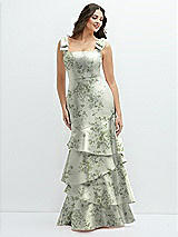 Front View Thumbnail - Cottage Rose Sage Floral Bow-Shoulder Satin Maxi Dress with Asymmetrical Tiered Skirt