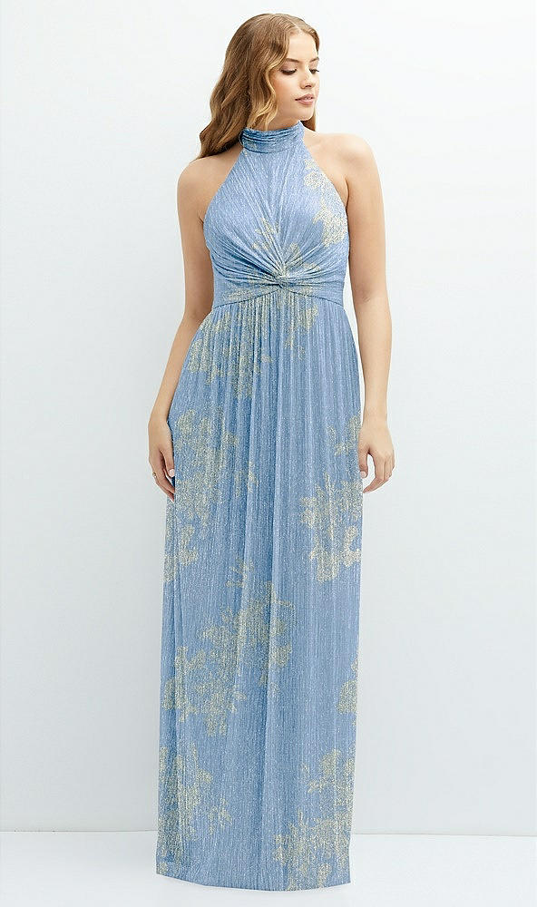 Front View - Larkspur Gold Foil Band Collar Halter Open-Back Metallic Pleated Maxi Dress with Floral Gold Foil Print