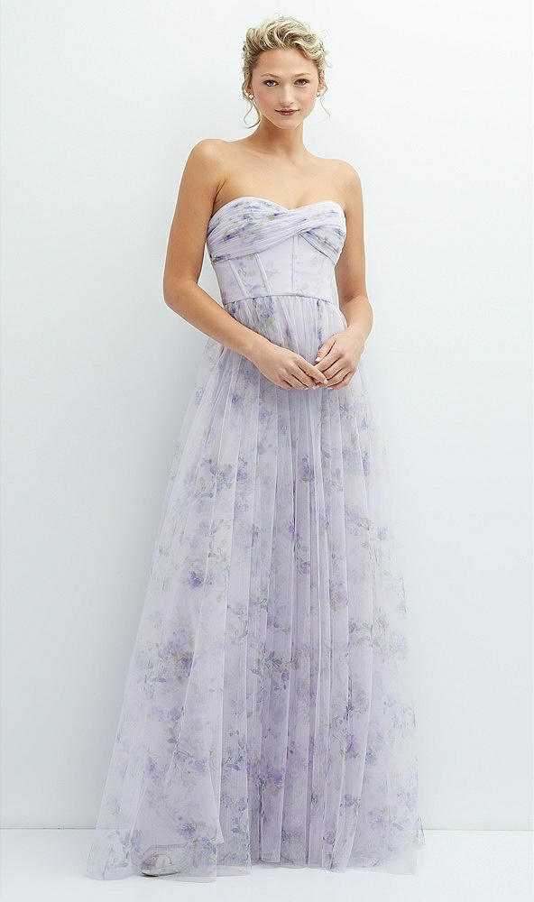 Front View - Lilac Haze Garden Floral Strapless Twist Cup Corset Tulle Dress with Long Full Skirt