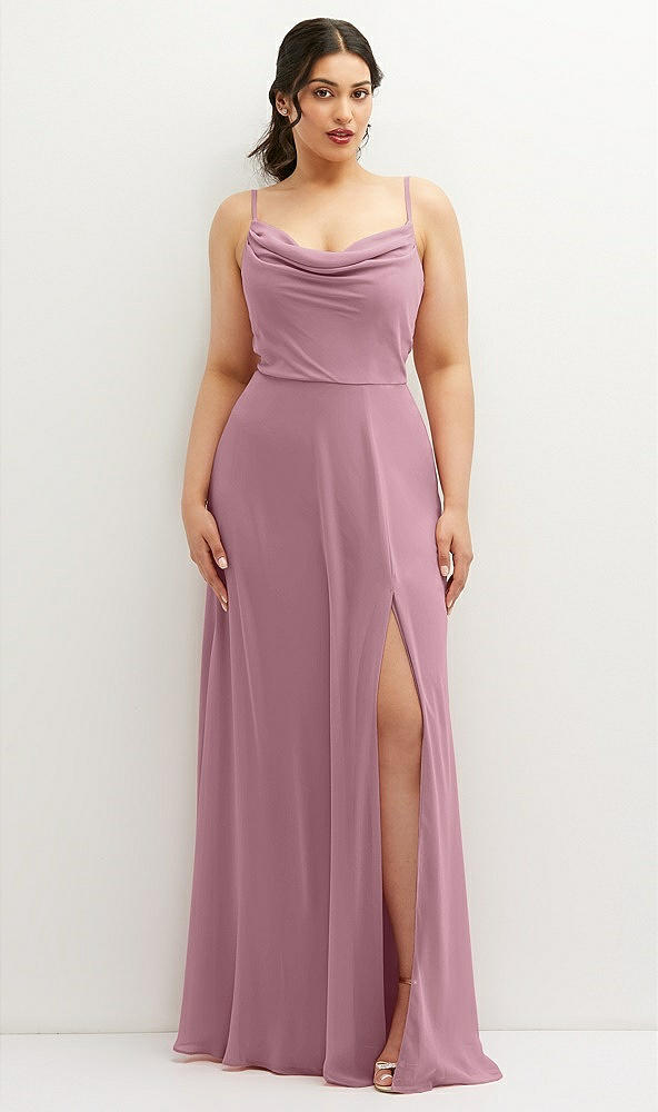 Front View - Dusty Pink Soft Cowl-Neck A-Line Maxi Dress with Adjustable Straps