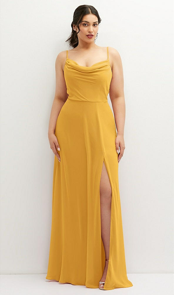 Front View - NYC Yellow Soft Cowl-Neck A-Line Maxi Dress with Adjustable Straps