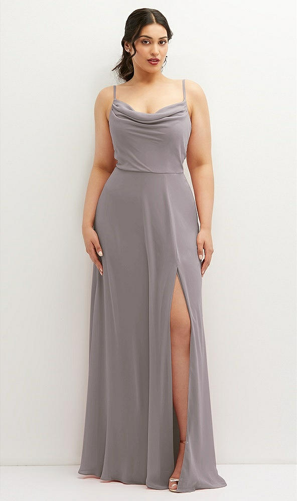 Front View - Cashmere Gray Soft Cowl-Neck A-Line Maxi Dress with Adjustable Straps