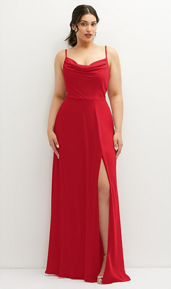 Front View - Parisian Red Soft Cowl-Neck A-Line Maxi Dress with Adjustable Straps