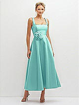 Front View Thumbnail - Coastal Square Neck Satin Midi Dress with Full Skirt & Flower Sash