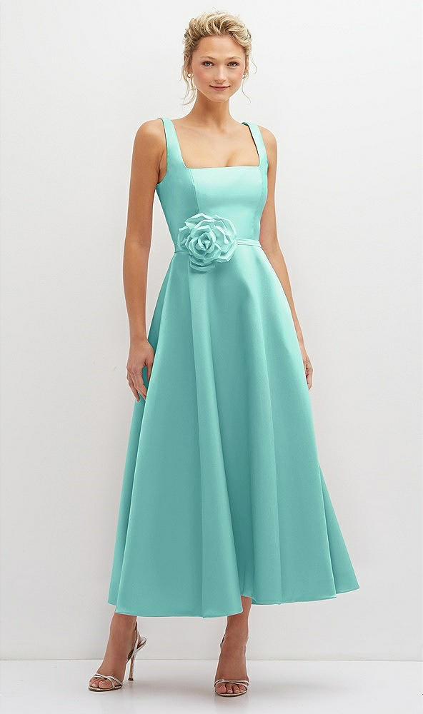 Front View - Coastal Square Neck Satin Midi Dress with Full Skirt & Flower Sash