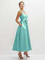 Side View Thumbnail - Coastal Square Neck Satin Midi Dress with Full Skirt & Flower Sash