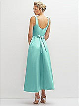 Rear View Thumbnail - Coastal Square Neck Satin Midi Dress with Full Skirt & Flower Sash