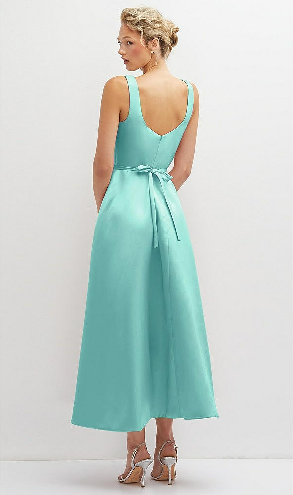 Back View - Coastal Square Neck Satin Midi Dress with Full Skirt & Flower Sash