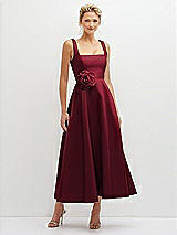 Front View Thumbnail - Burgundy Square Neck Satin Midi Dress with Full Skirt & Flower Sash