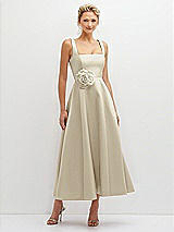 Front View Thumbnail - Champagne Square Neck Satin Midi Dress with Full Skirt & Flower Sash