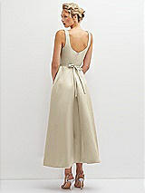 Rear View Thumbnail - Champagne Square Neck Satin Midi Dress with Full Skirt & Flower Sash