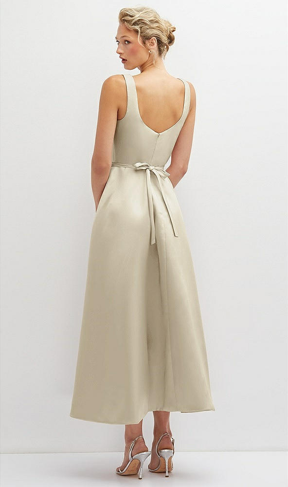 Back View - Champagne Square Neck Satin Midi Dress with Full Skirt & Flower Sash