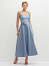 Front View Thumbnail - Cloudy Square Neck Satin Midi Dress with Full Skirt & Flower Sash