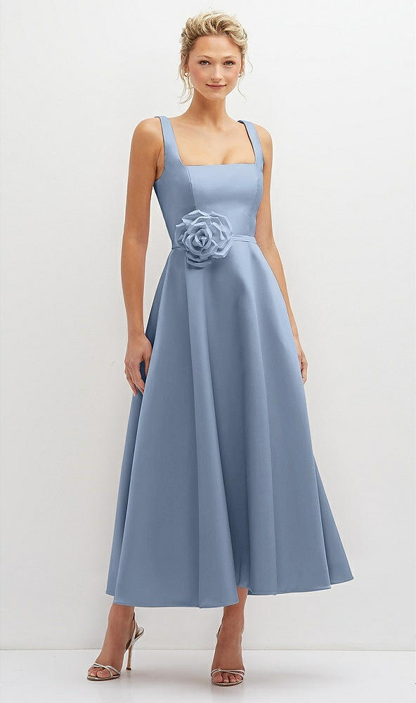Front View - Cloudy Square Neck Satin Midi Dress with Full Skirt & Flower Sash
