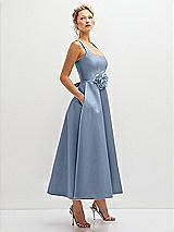 Side View Thumbnail - Cloudy Square Neck Satin Midi Dress with Full Skirt & Flower Sash