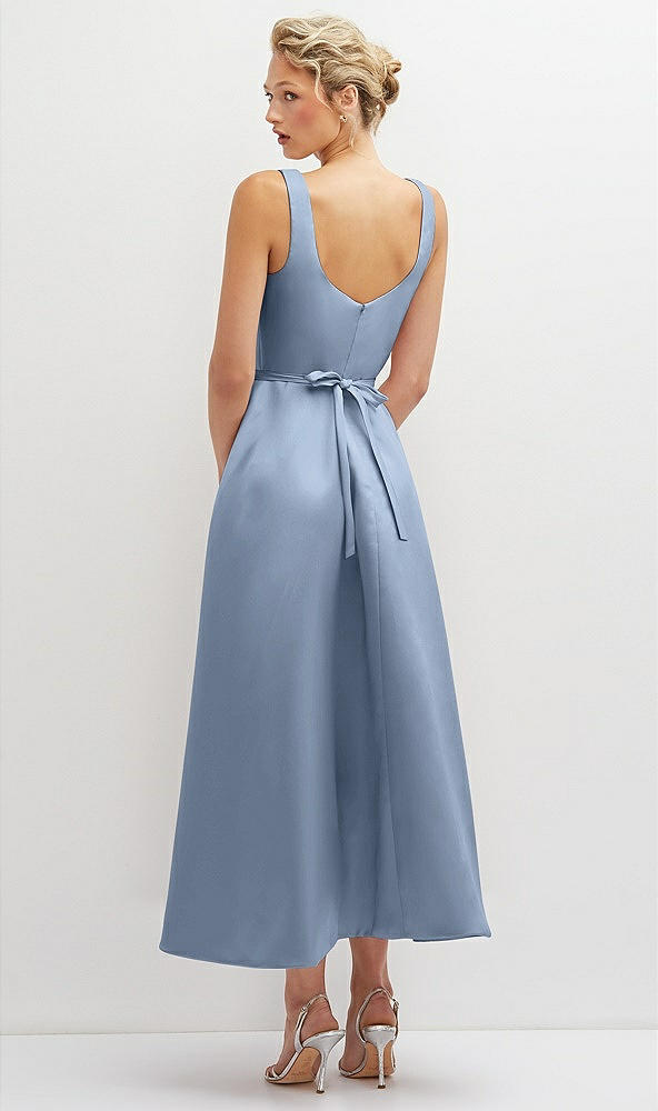 Back View - Cloudy Square Neck Satin Midi Dress with Full Skirt & Flower Sash