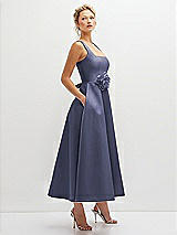 Side View Thumbnail - French Blue Square Neck Satin Midi Dress with Full Skirt & Flower Sash