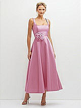 Front View Thumbnail - Powder Pink Square Neck Satin Midi Dress with Full Skirt & Flower Sash