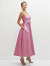 Side View Thumbnail - Powder Pink Square Neck Satin Midi Dress with Full Skirt & Flower Sash