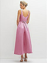 Rear View Thumbnail - Powder Pink Square Neck Satin Midi Dress with Full Skirt & Flower Sash