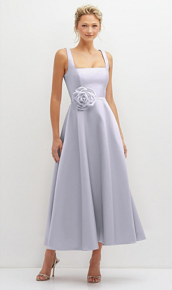 Front View - Silver Dove Square Neck Satin Midi Dress with Full Skirt & Flower Sash