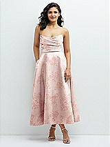 Front View Thumbnail - Bow And Blossom Print Draped Bodice Strapless Floral Midi Dress with Full Circle Skirt