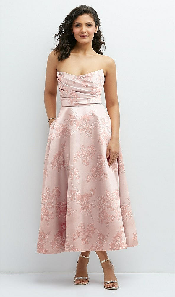 Front View - Bow And Blossom Print Draped Bodice Strapless Floral Midi Dress with Full Circle Skirt