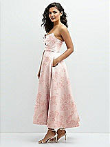 Side View Thumbnail - Bow And Blossom Print Draped Bodice Strapless Floral Midi Dress with Full Circle Skirt