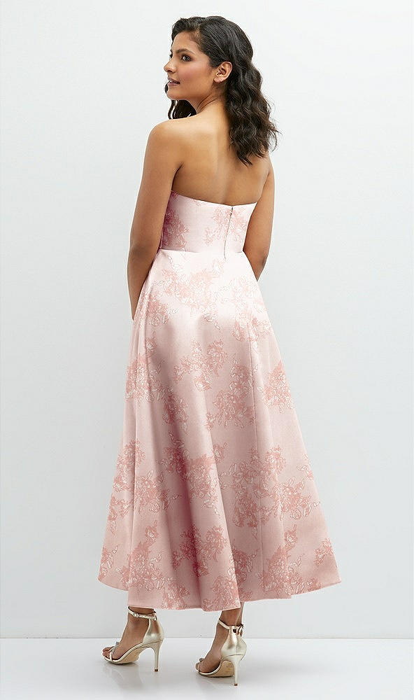 Back View - Bow And Blossom Print Draped Bodice Strapless Floral Midi Dress with Full Circle Skirt