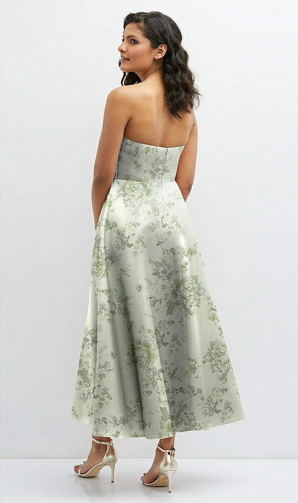 Back View - Cottage Rose Sage Draped Bodice Strapless Floral Midi Dress with Full Circle Skirt