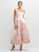 Front View Thumbnail - Bow And Blossom Print Floral Square Neck Satin Midi Dress with Full Skirt & Pockets