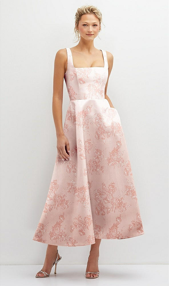 Front View - Bow And Blossom Print Floral Square Neck Satin Midi Dress with Full Skirt & Pockets