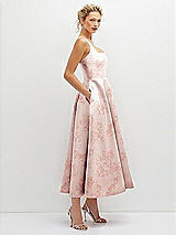 Side View Thumbnail - Bow And Blossom Print Floral Square Neck Satin Midi Dress with Full Skirt & Pockets