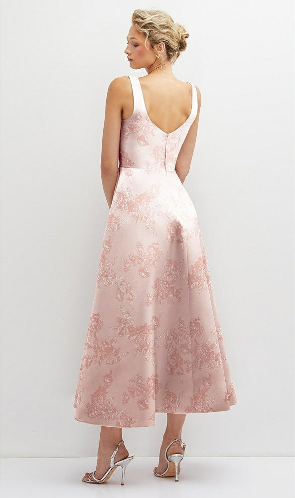 Back View - Bow And Blossom Print Floral Square Neck Satin Midi Dress with Full Skirt & Pockets