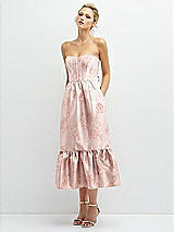 Alt View 1 Thumbnail - Bow And Blossom Print Floral Satin Strapless Midi Corset Dress with Lace-Up Back & Ruffle Hem