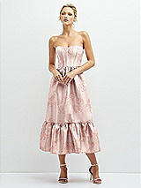 Front View Thumbnail - Bow And Blossom Print Floral Satin Strapless Midi Corset Dress with Lace-Up Back & Ruffle Hem