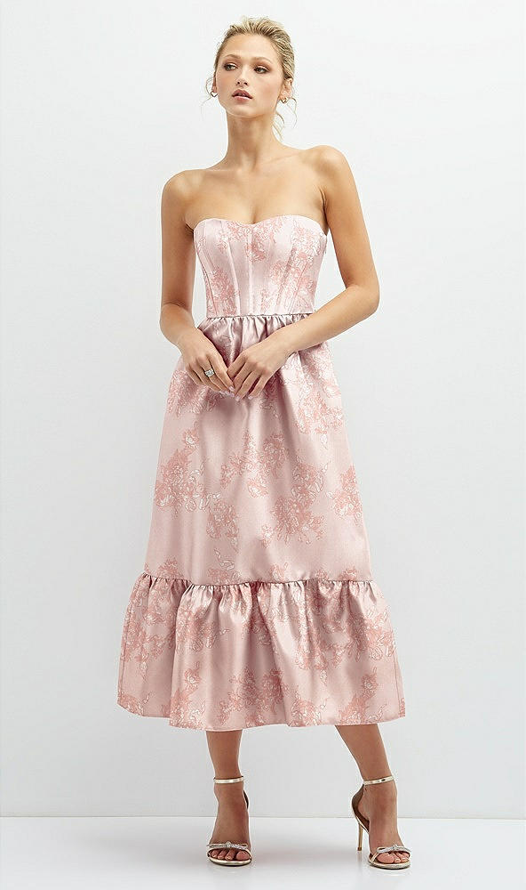 Front View - Bow And Blossom Print Floral Satin Strapless Midi Corset Dress with Lace-Up Back & Ruffle Hem