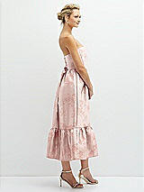 Side View Thumbnail - Bow And Blossom Print Floral Satin Strapless Midi Corset Dress with Lace-Up Back & Ruffle Hem