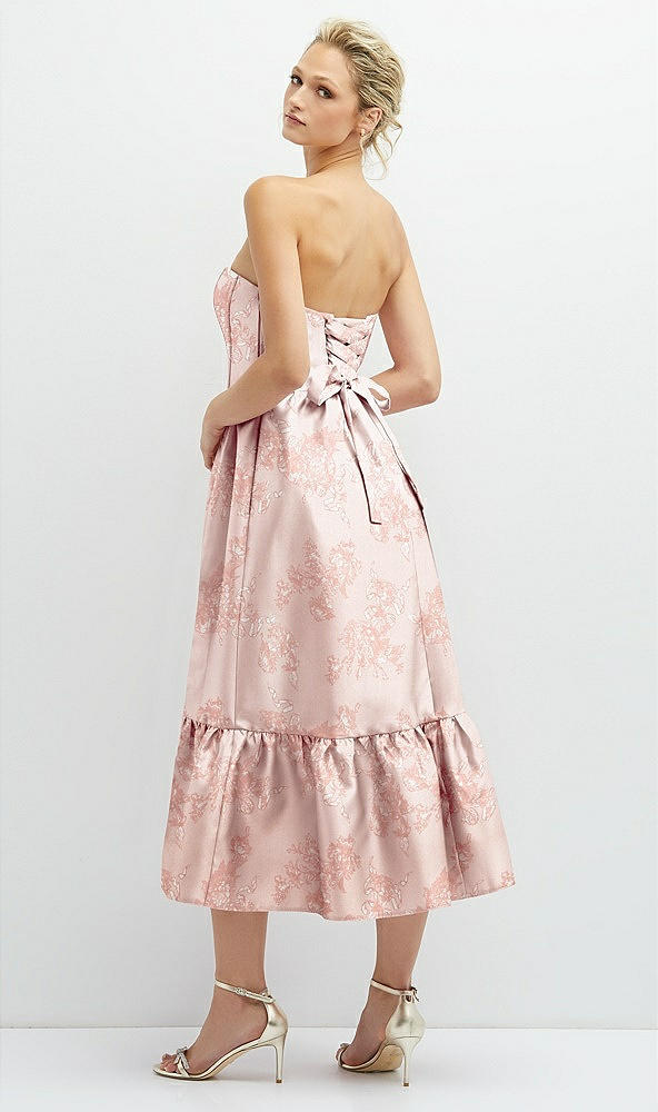 Back View - Bow And Blossom Print Floral Satin Strapless Midi Corset Dress with Lace-Up Back & Ruffle Hem