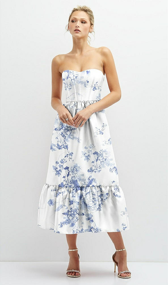 Front View - Cottage Rose Larkspur Floral Satin Strapless Midi Corset Dress with Lace-Up Back & Ruffle Hem