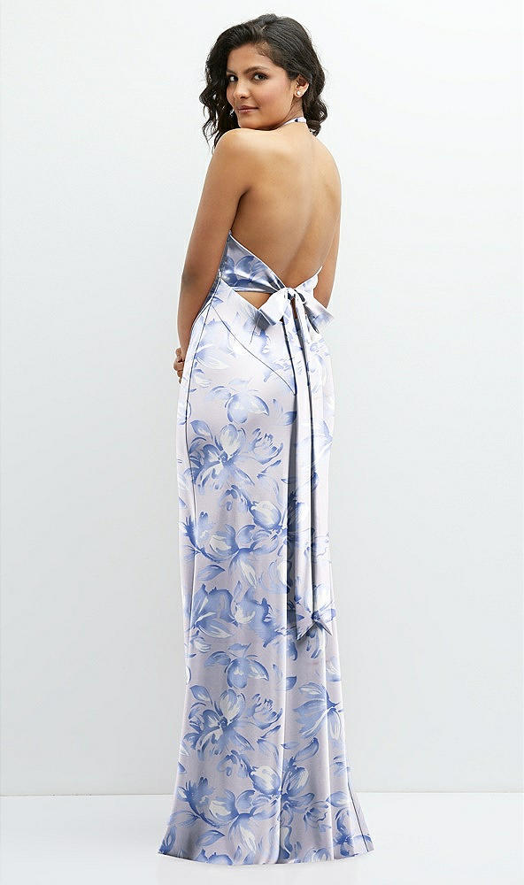 Back View - Magnolia Sky Floral Plunge Halter Open-Back Maxi Bias Dress with Tie Back