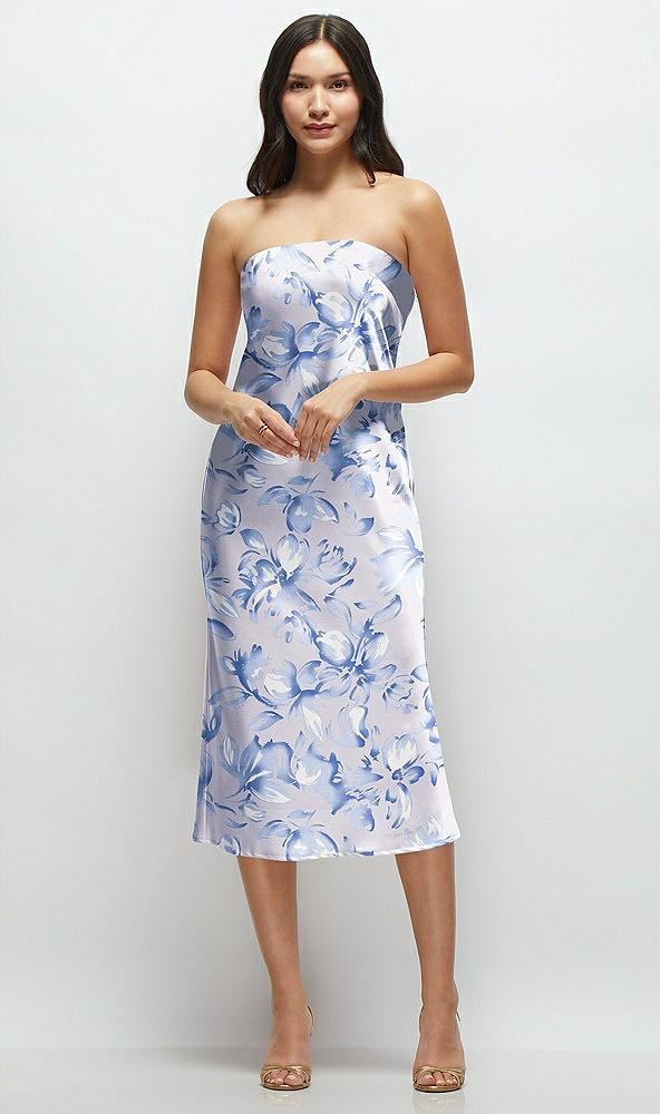 Front View - Magnolia Sky Floral Strapless Midi Bias Column Dress with Peek-a-Boo Corset Back